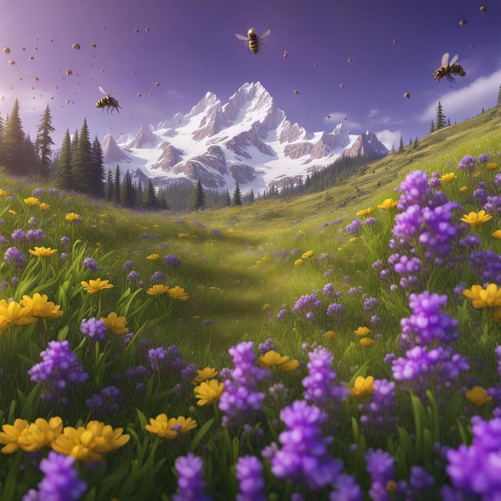 Spring Meadow with Snow-Capped Peaks in Fantasy Art