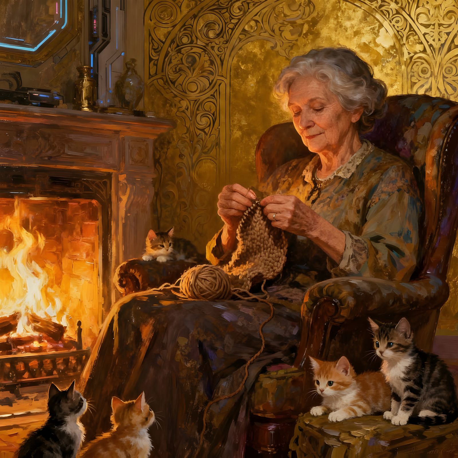 Grandmother Knitting by Fireplace, Hyperrealistic Oil Painti...