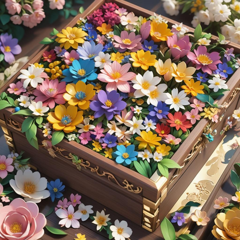 Blooming Flowers Overflowing from Ornate Wooden Box