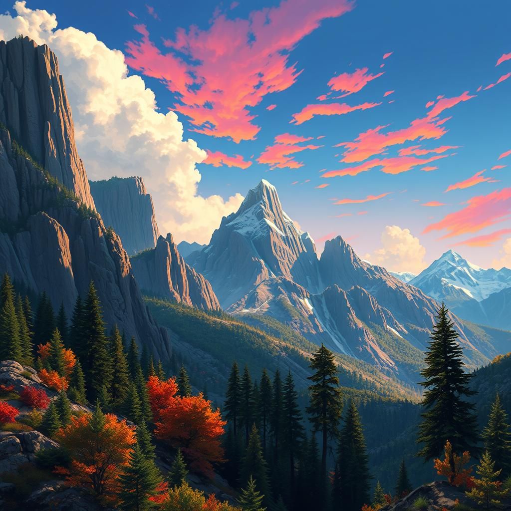 Majestic Pixelated Fantasy Landscape with Vibrant Sky