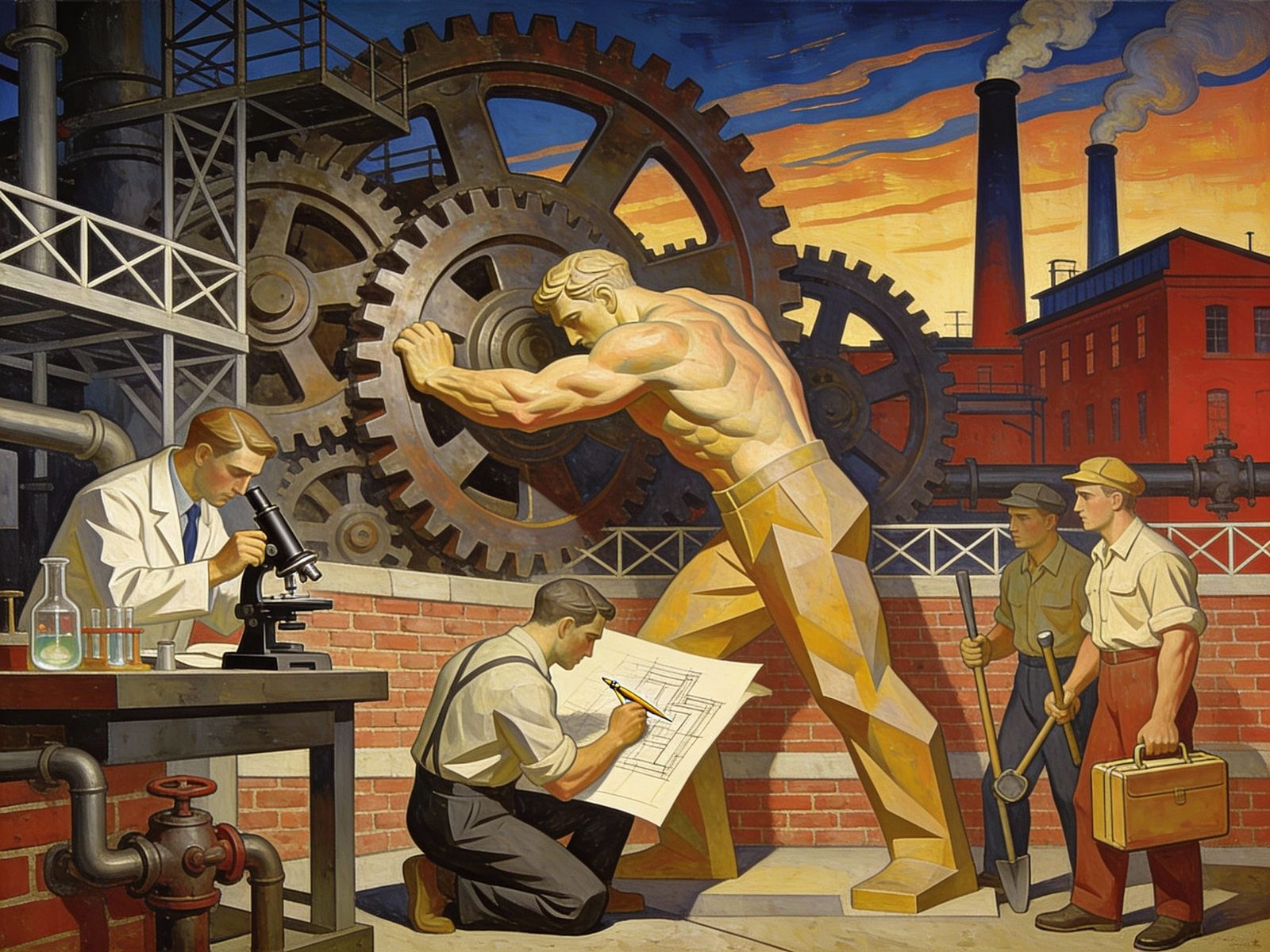WPA Mural of Laborers in Industrial Machine Age