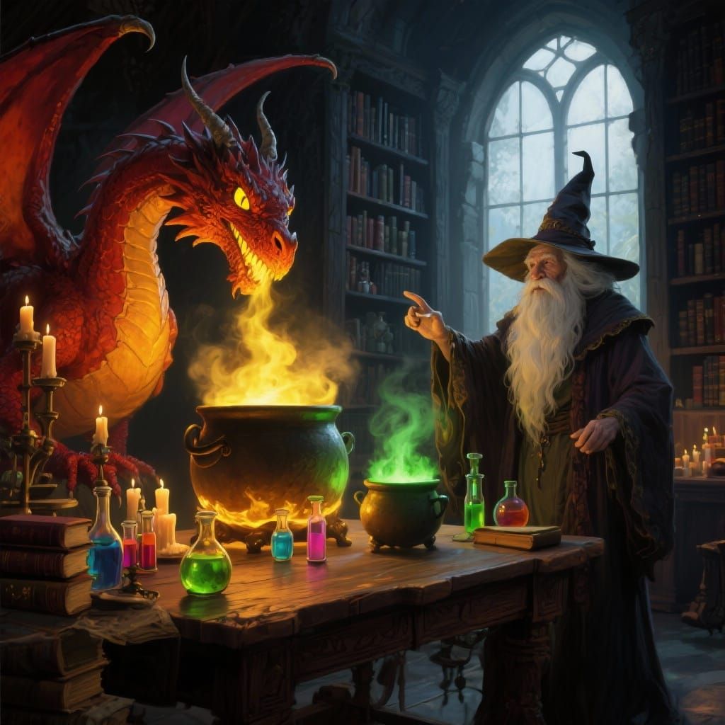 Wizard and Dragon in Magical Laboratory