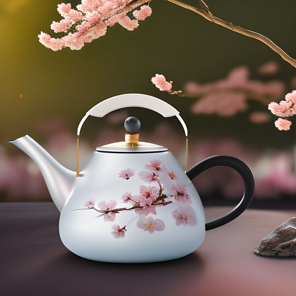 Sakura Tea Kettle: Detailed Matte Painting in 8K