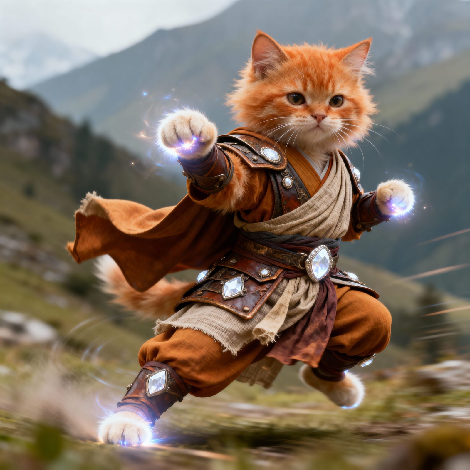 Kitten Monk in Dynamic Action Pose with Holy Light