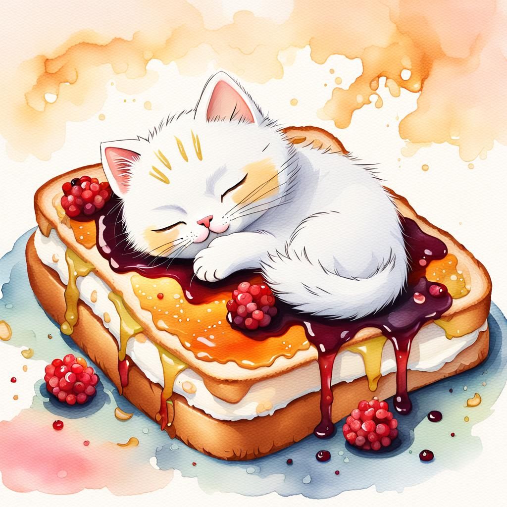 White Cat Sleeping on Berry Toast Watercolor