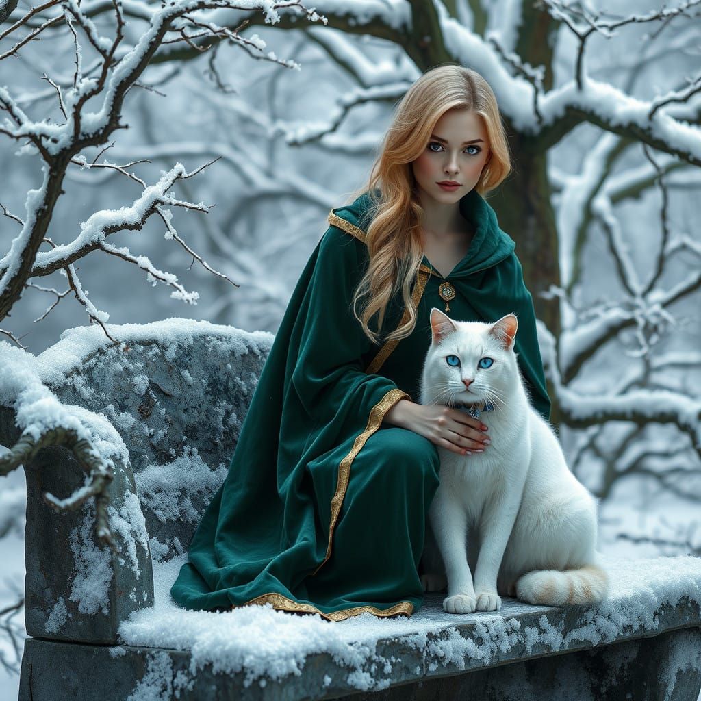 Fantasy Cat and Woman in Winter Landscape