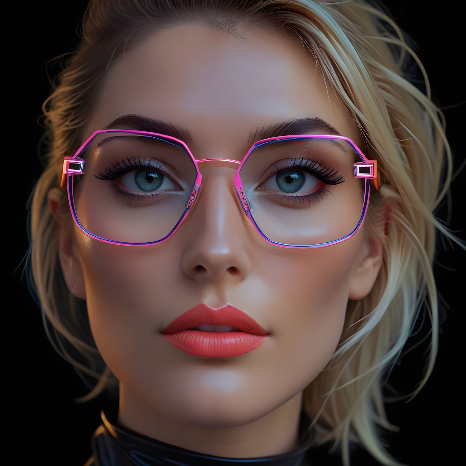 Woman in Neon-Lit Glasses with Feathered Hair