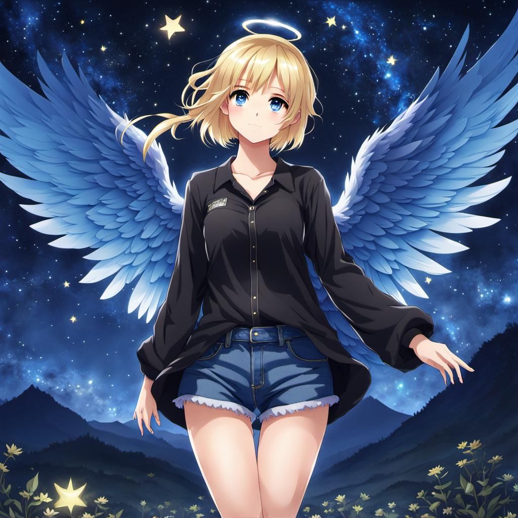 Cute Blonde Angel with Starry Night Background