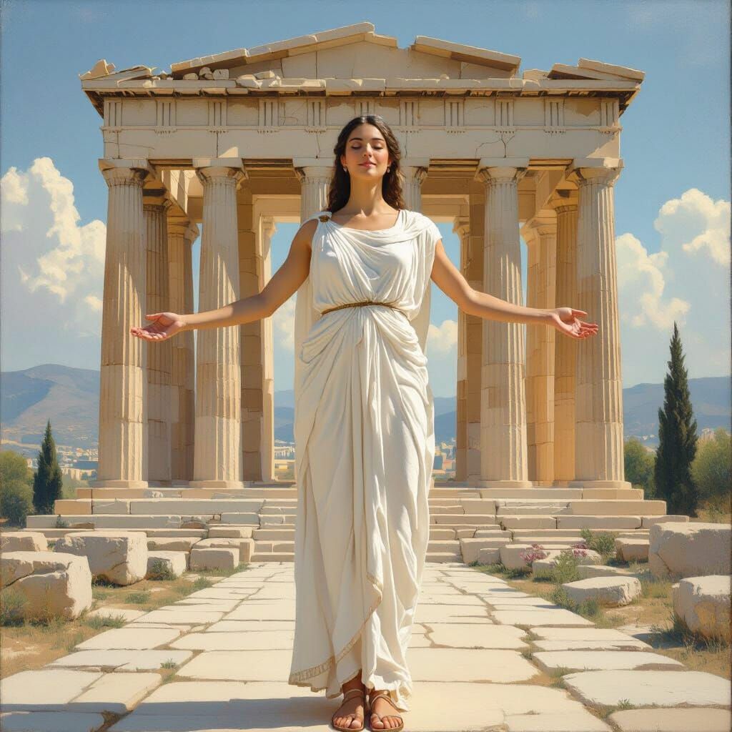 Serene Greek Woman in Toga Before Temple, Classical Oil Pain...