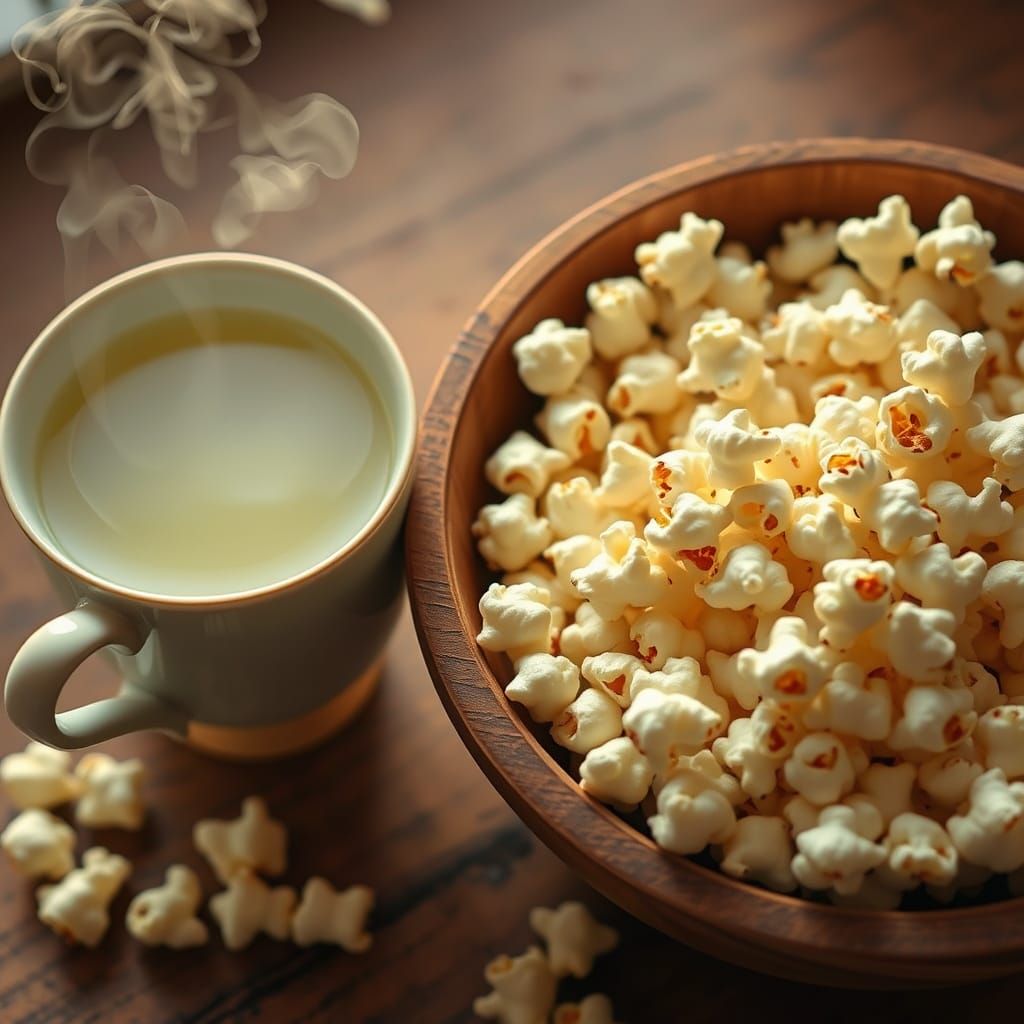 Soothing Tea and Popcorn Scene in Whimsical Watercolor Style