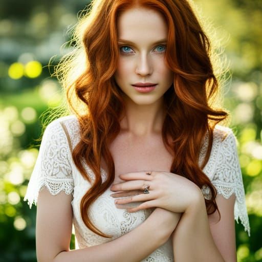 Beautiful Woman with Red Hair in Garden: Fantasy Art