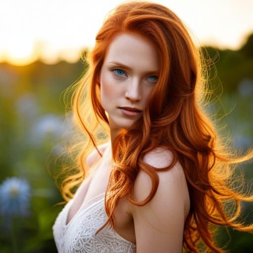 Red Haired Woman in Golden Hour Garden