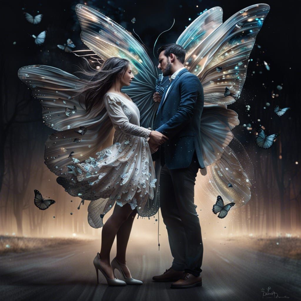 Couple's Tender Embrace in Butterfly Flight