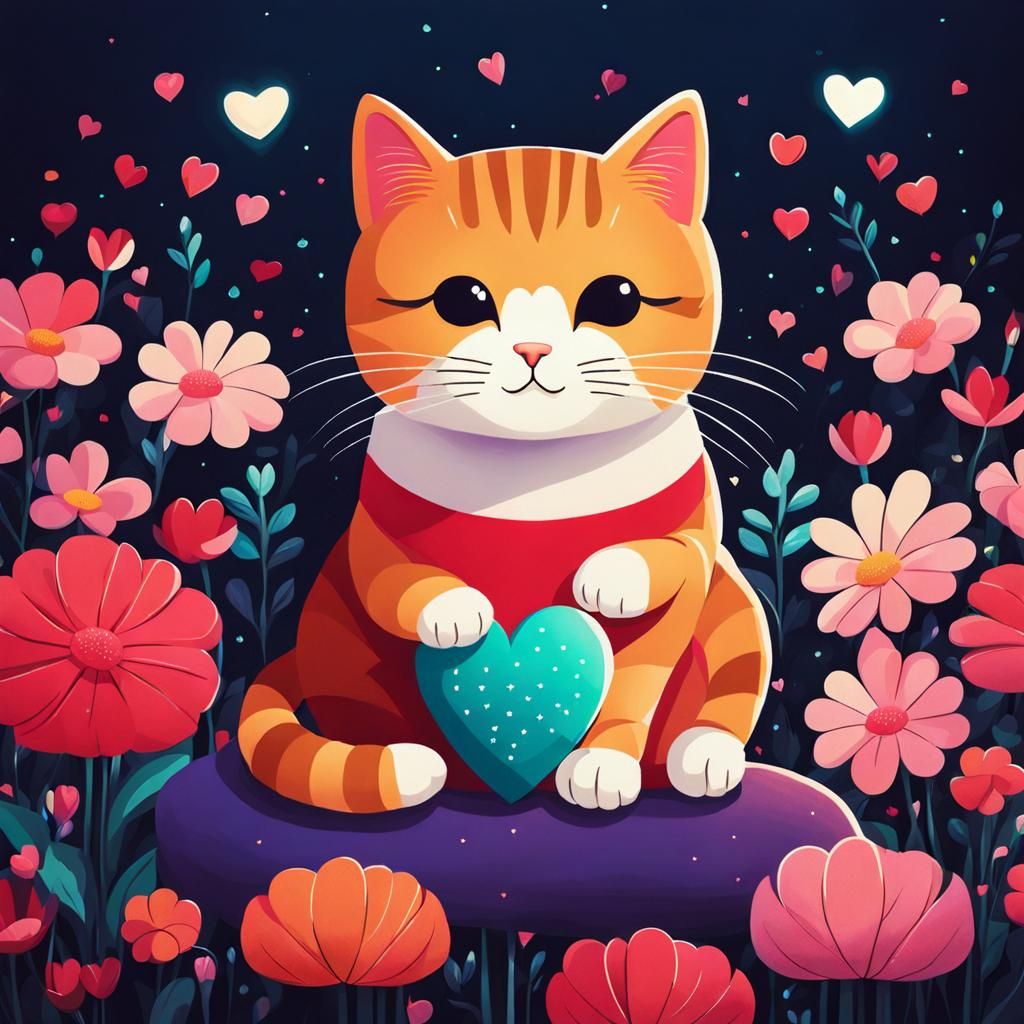 Whimsical Kurzgesagt-Style Illustration of a Cat Surrounded...