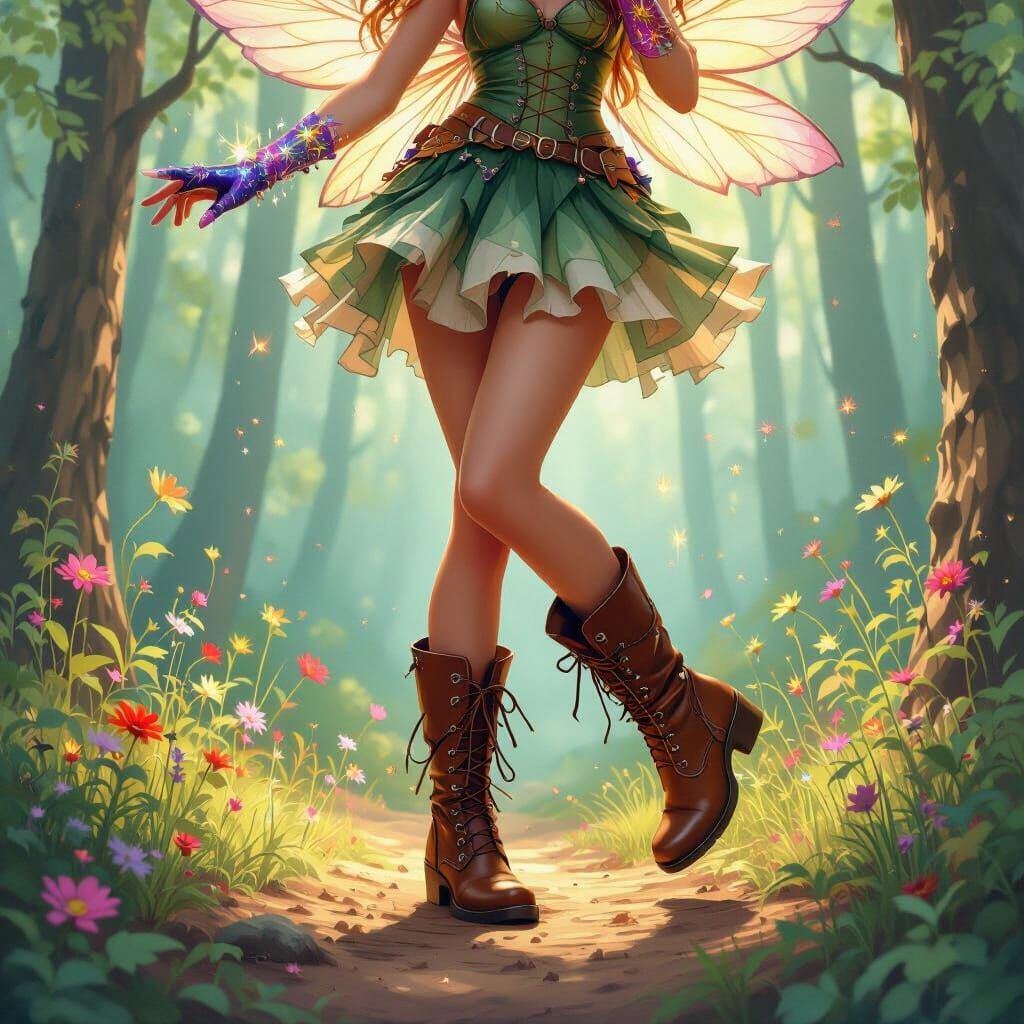 Fairy Dancing in Whimsical Forest, Vibrant Art