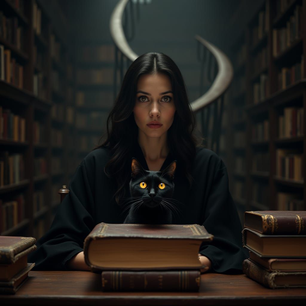 Dark Academia Woman with Cat in Library