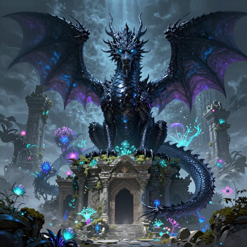 Ancient Obsidian Dragon on Temple Ruins