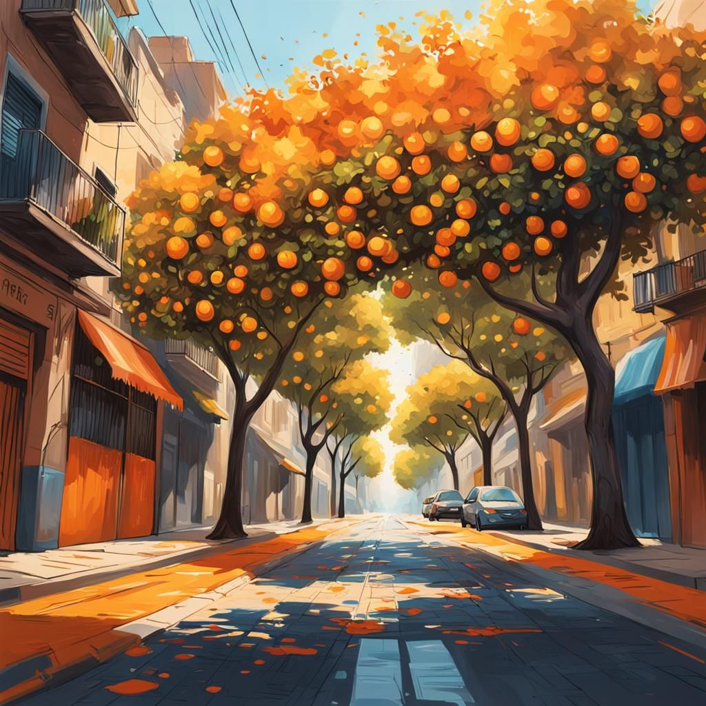 Hyperrealistic Street Scene with Orange Trees