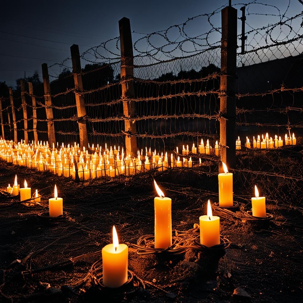 Memorial Candles and Barbed Wire Fence