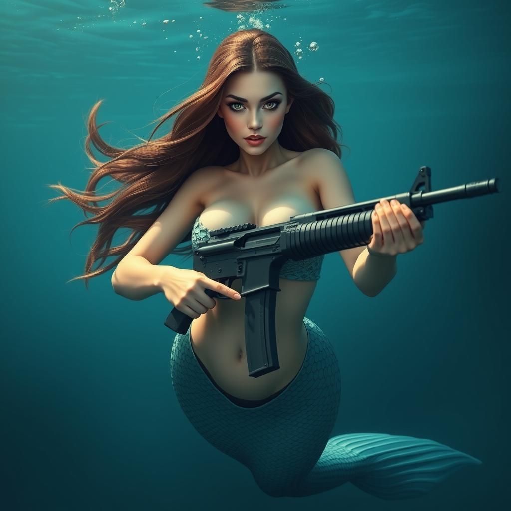Voluptuous Mermaid with AK-47 Underwater