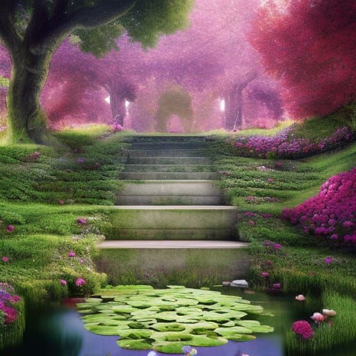 Grand Stone Staircase with Pond and Roses