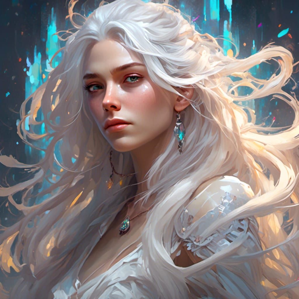 Hyperrealistic Portrait of Woman with White Hair