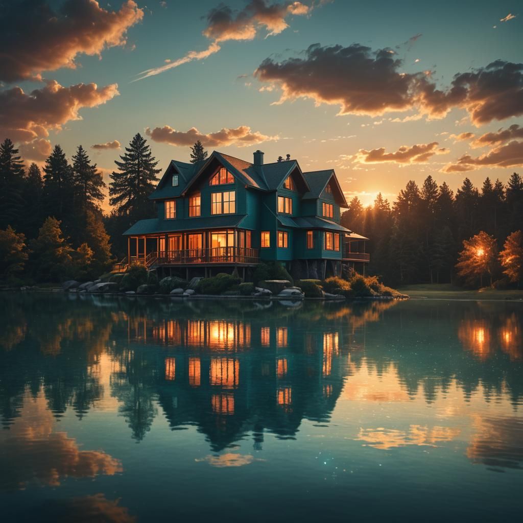 Hyperrealistic Lake House Sunset in Orange and Teal