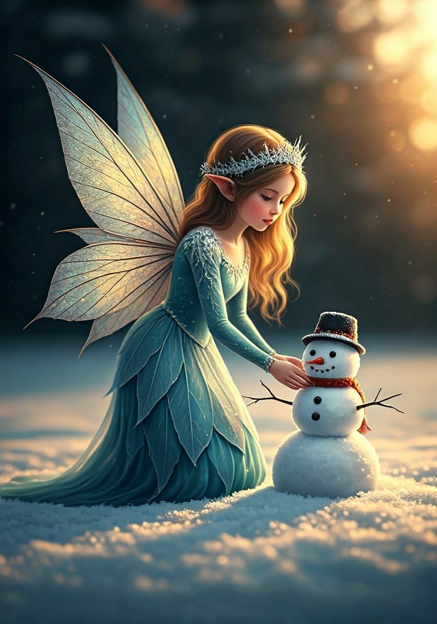 Winter Wonders: Whimsical Snowman Built by a Delicate Fairy