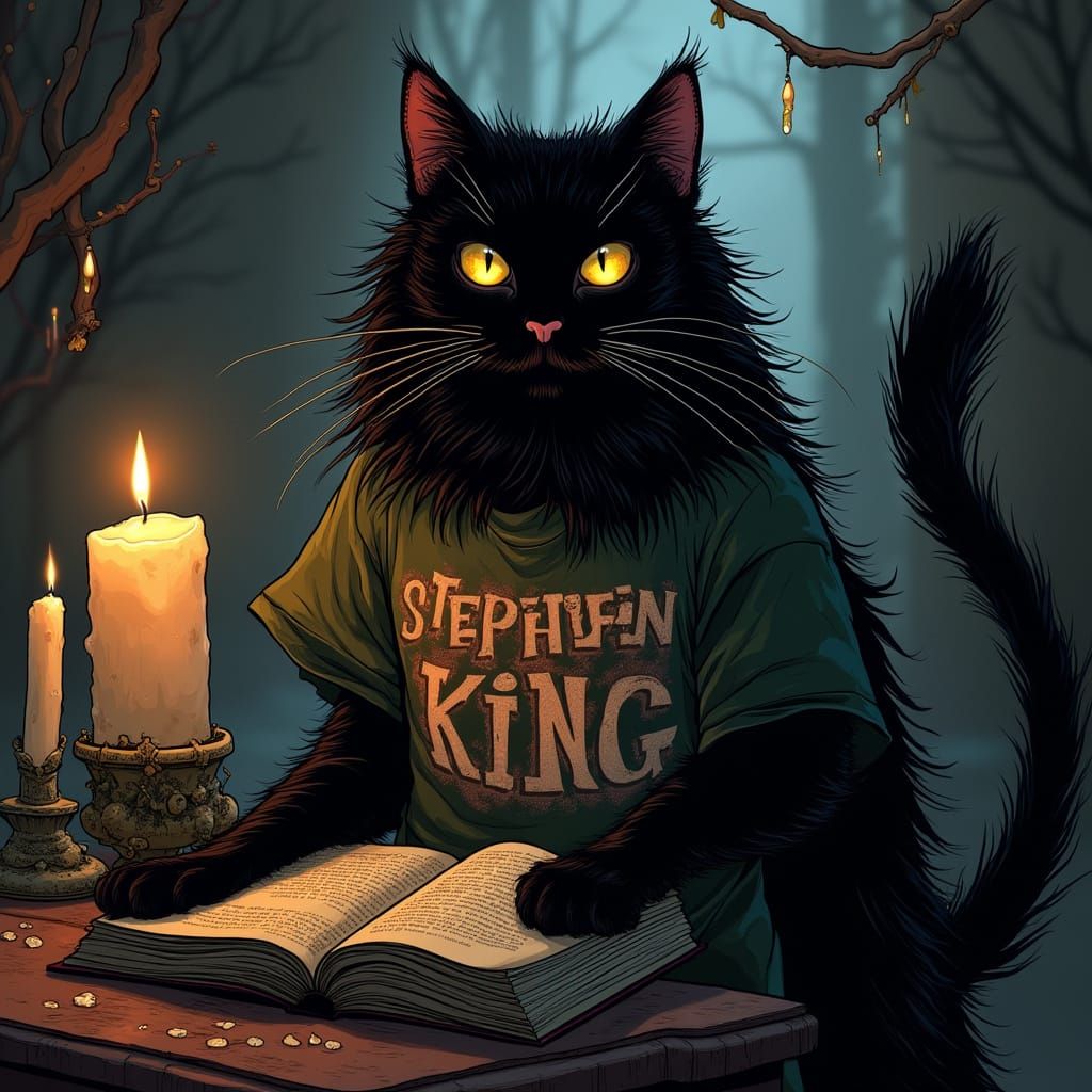 Black Cat as Horror Fan in Dark Art Style