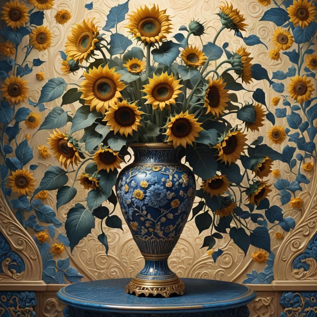 Sunflowers in Blue Vase: Digital Art in Baroque Style