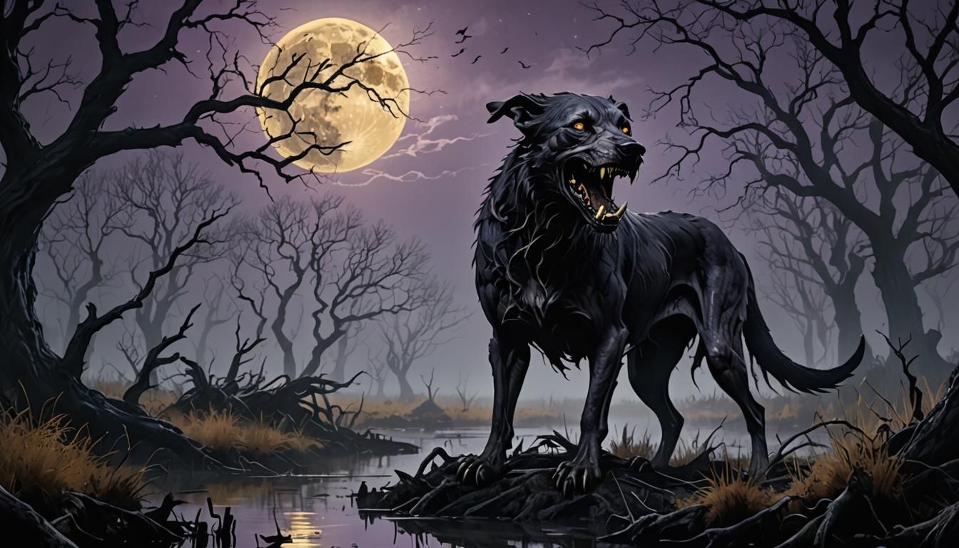 Hound of the Baskervilles in Fog, Dark Fantasy Art