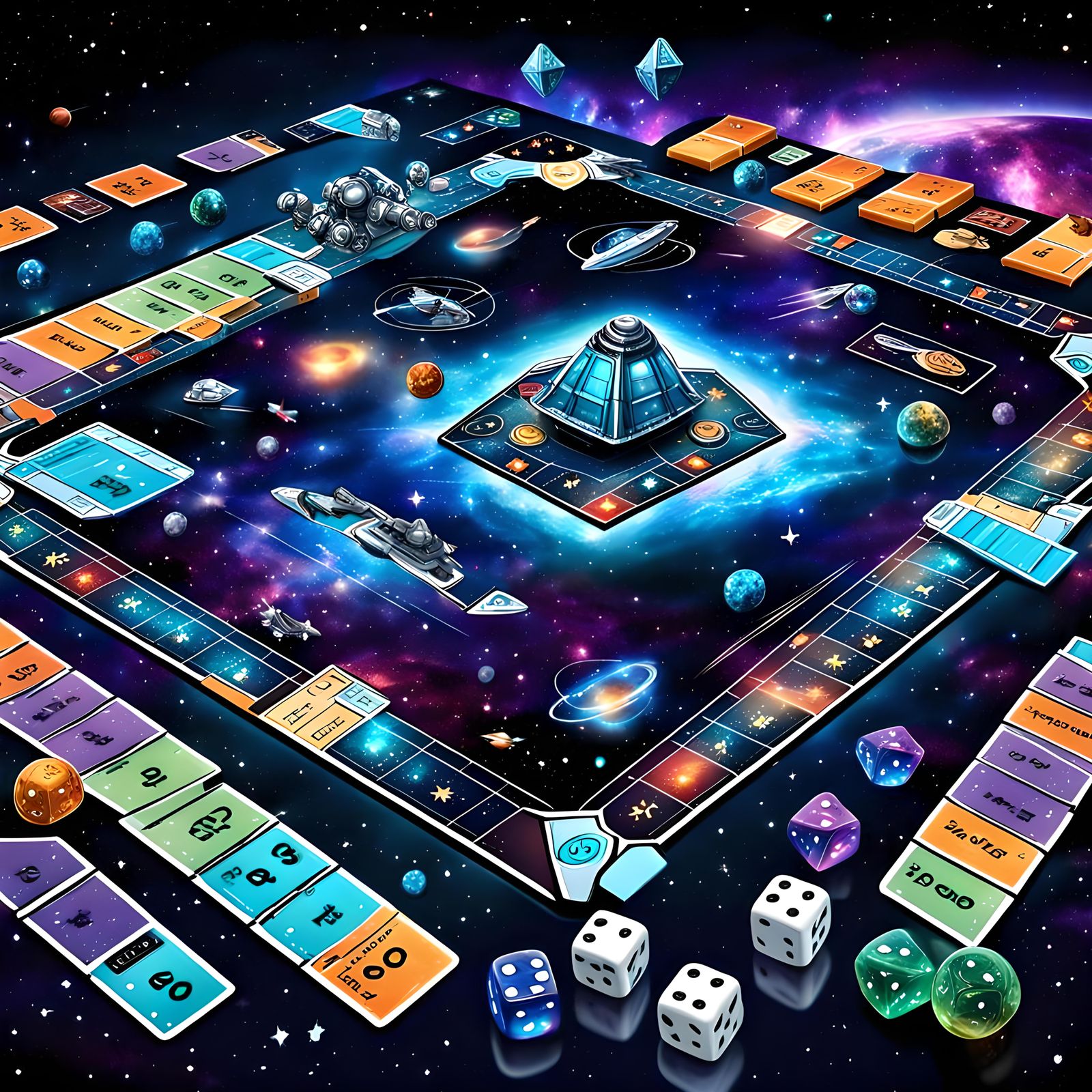 Space Monopoly Game Board in Astral Illustration