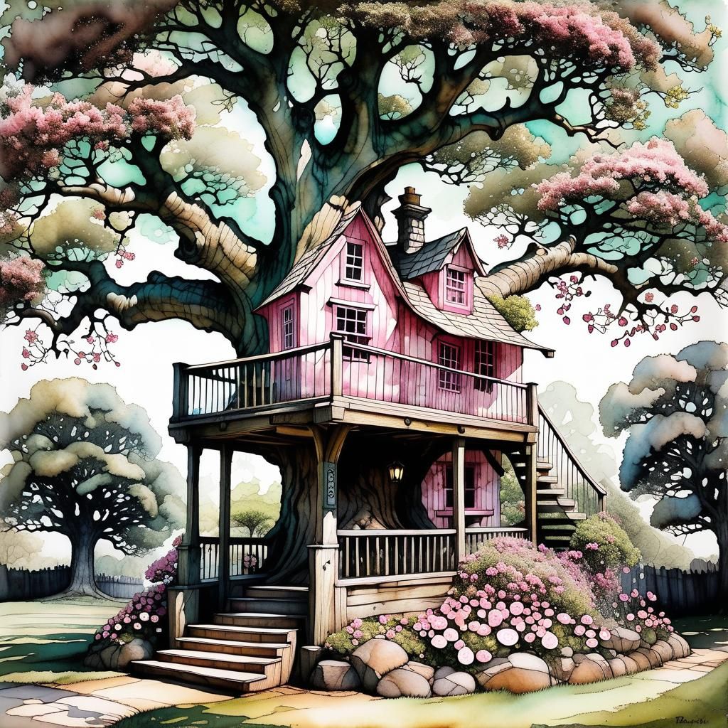 Charming Treehouse in Arthur Rackham Style