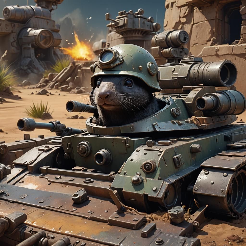 Mole in Tank with Military Helmet, Fantasy Concept Art