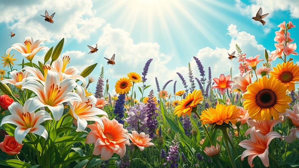 Lush Garden with Lilies and Sunflowers in Impressionist Styl...