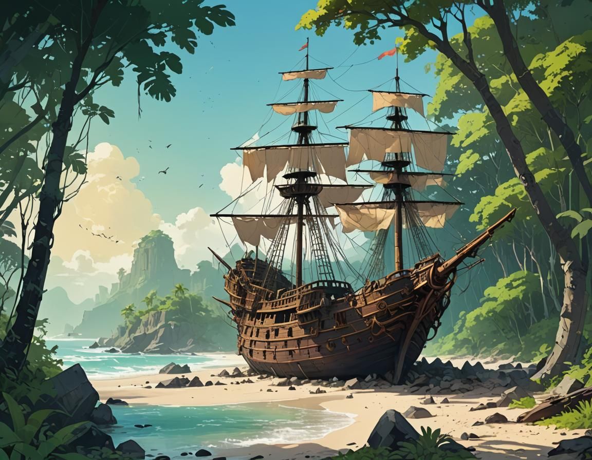 Tropical Pirate Ship Digital Illustration