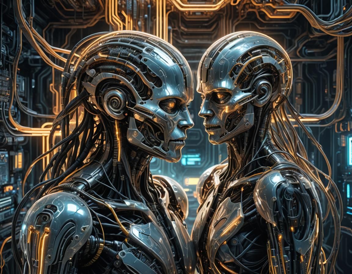 Entwined Circuitry Figures in Sci-Fi Style