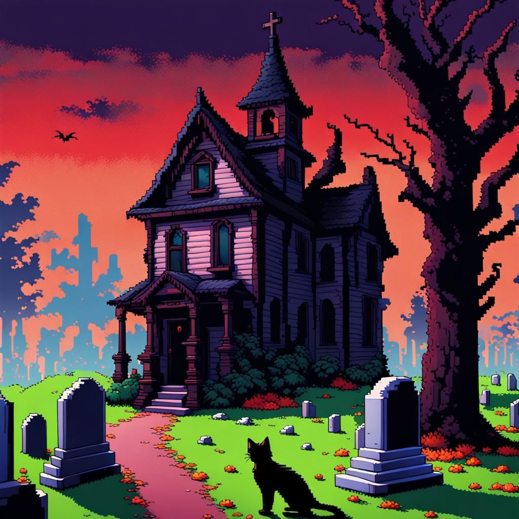 Haunted Cemetery with Witch in 8-bit Pixel Art