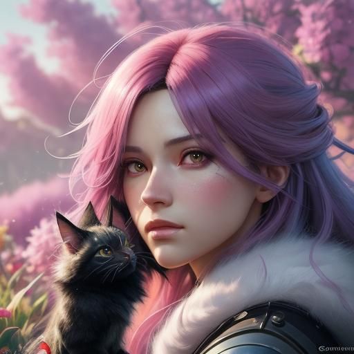 Charming Fluffy Snail Kitten in Anime Garden