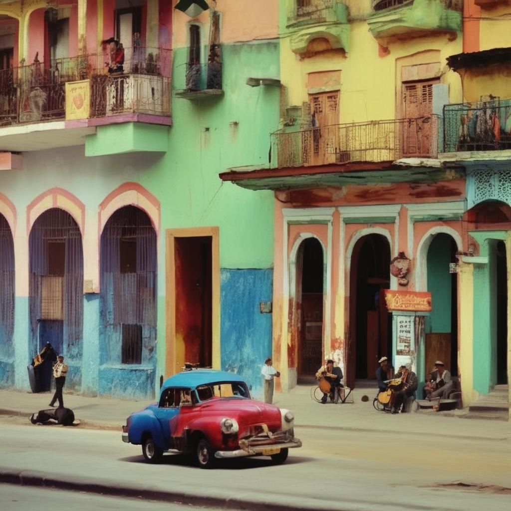 Cuban Musicians in a Lively Street Scene