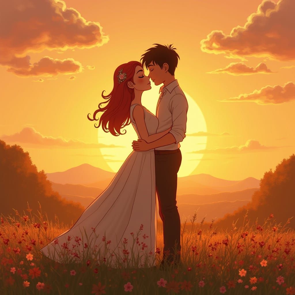 Romantic Couple Embracing at Sunset, Anime Art