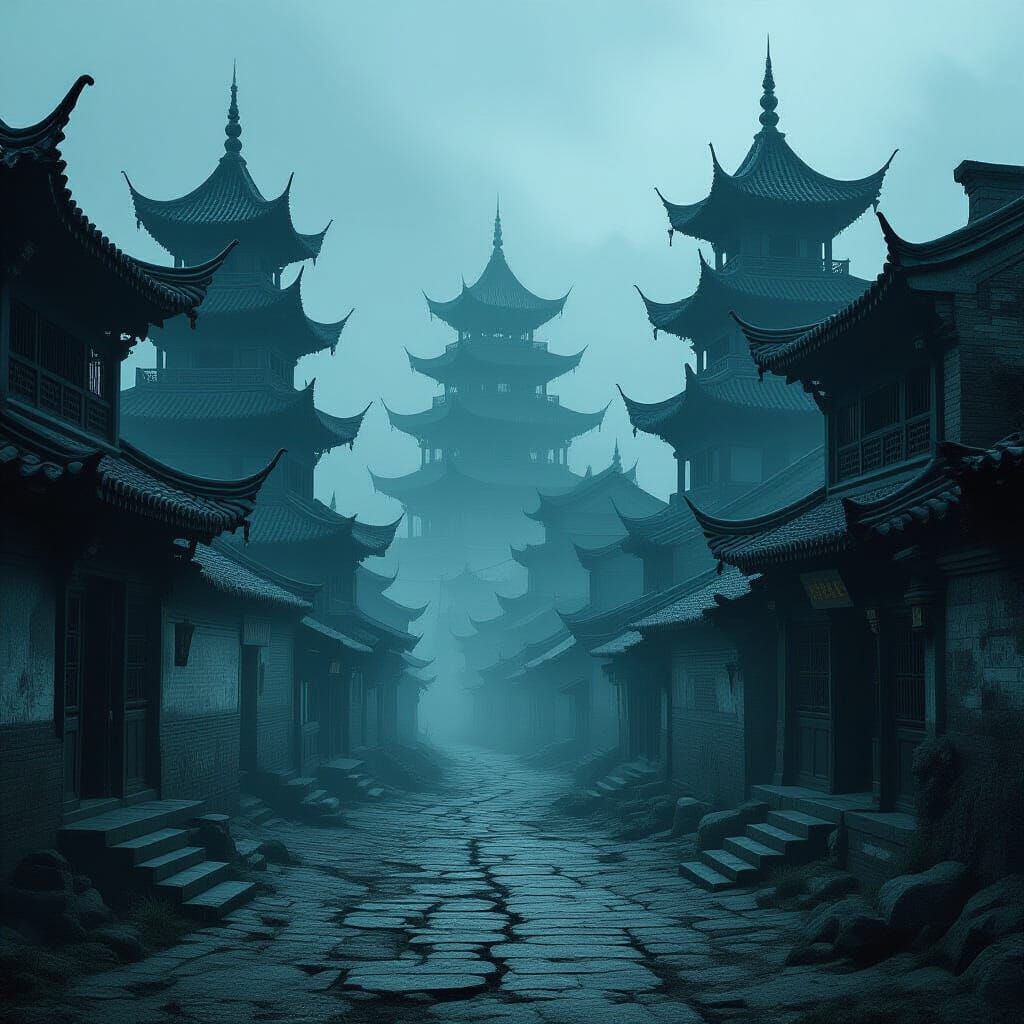 Eerie Ancient Chinese City in Gothic Fantasy Style