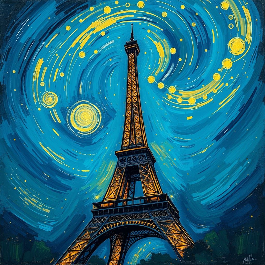 Eiffel Tower at Night in Post-Impressionist Style