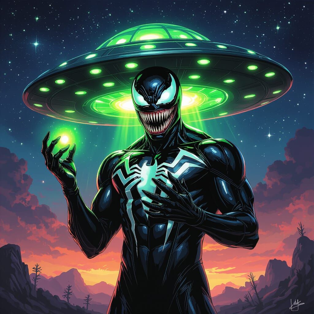 Venom Holds a UFO in Matte Painting Style