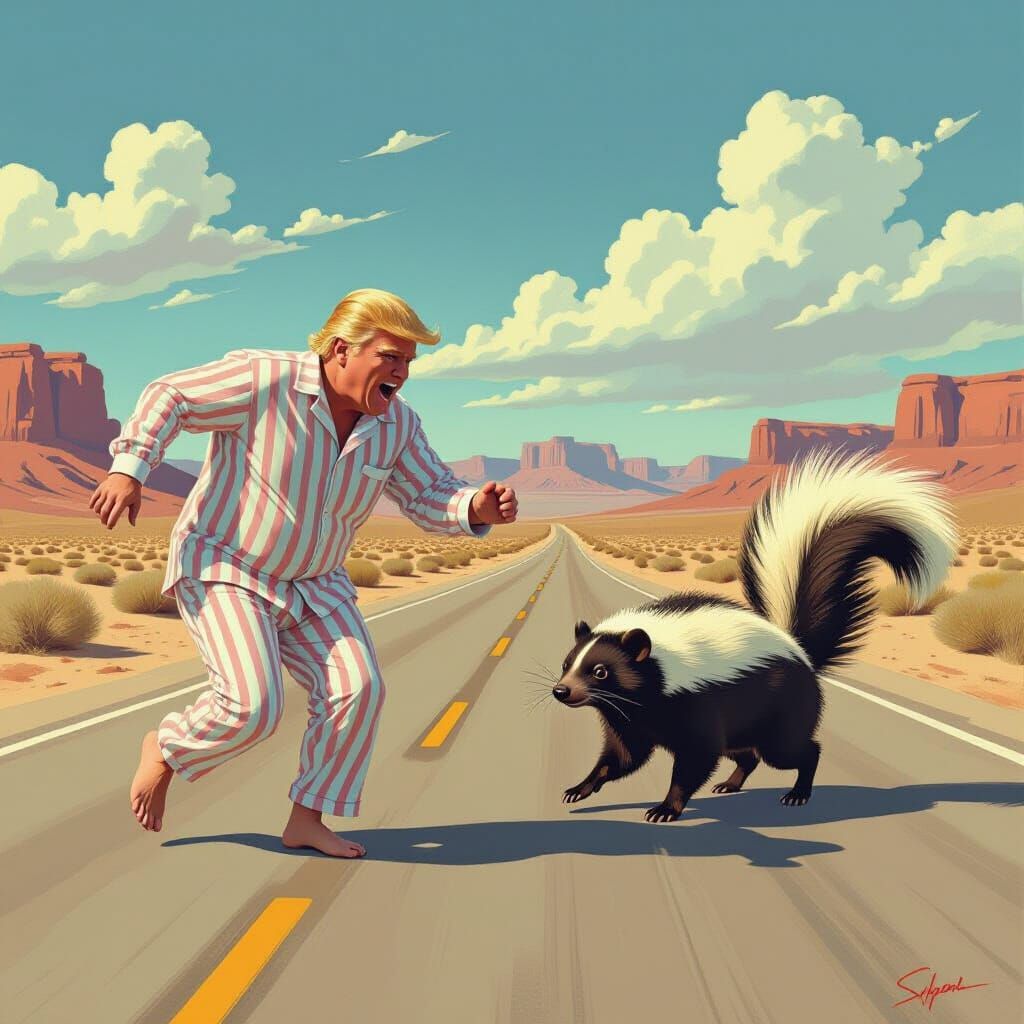 Trump Chases Skunk: Humorous Digital Painting