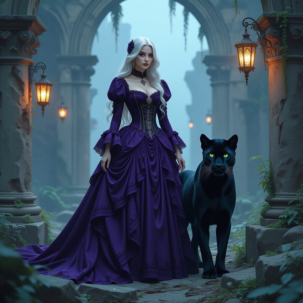 Gothic Princess in Ruined Temple with Panther