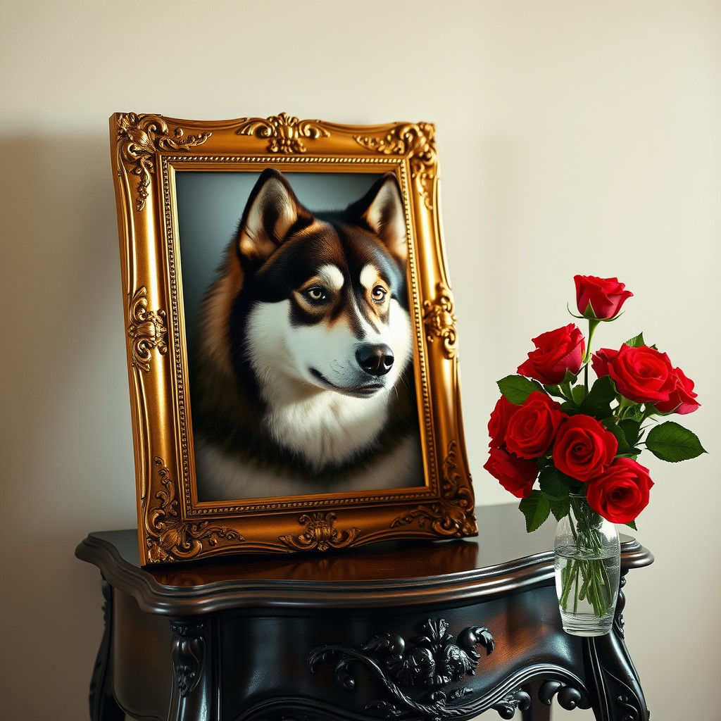 Alaskan Malamute Portrait in Ornate Vintage Frame