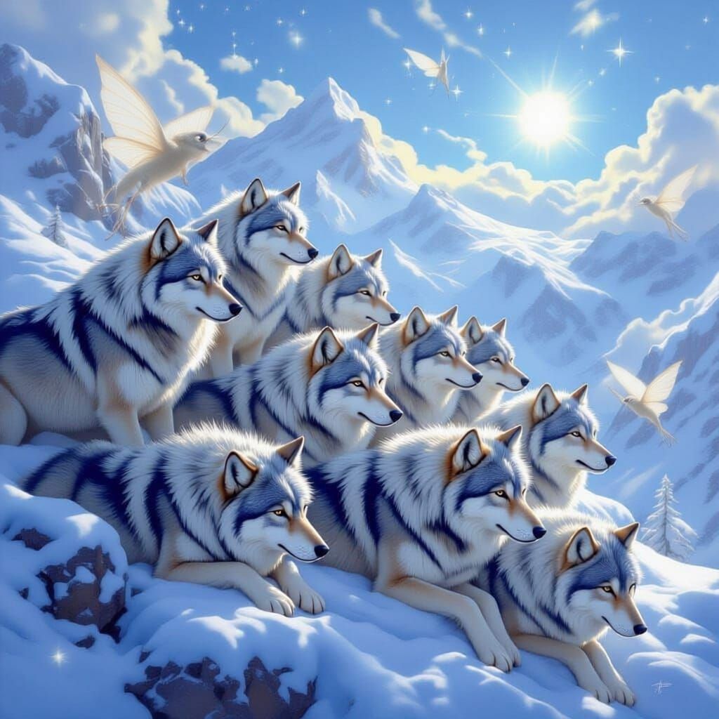 Dreamlike Wolf Pack Under Crystal Sky