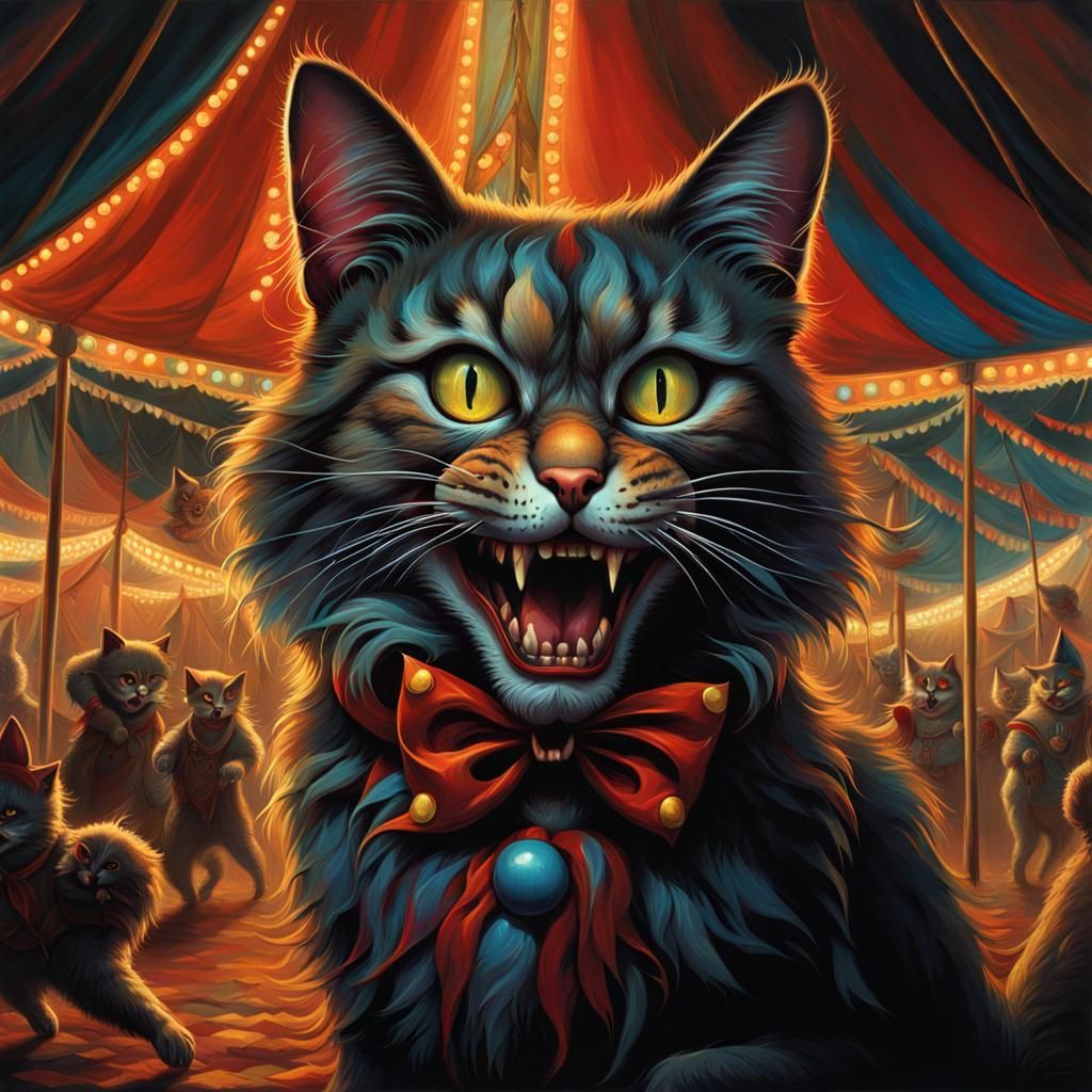 Glowing-Eyed Cat in Carnival Tent Shadows