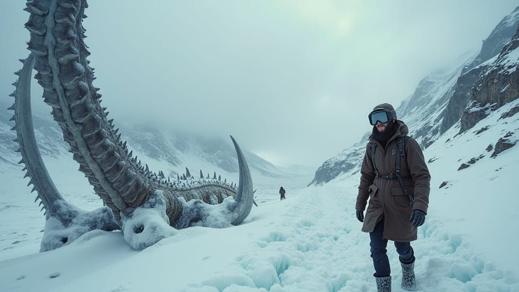 Explorer Navigates Dragon Bones on Icy Mountain Pass